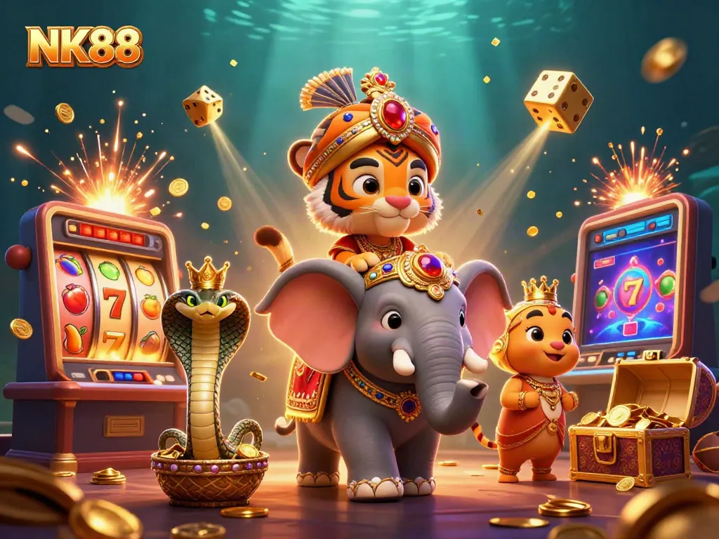 Experience the thrill of NK88 with a vibrant, detailed casino scene featuring dynamic game elements.