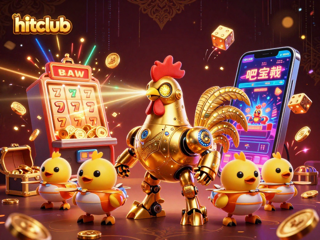 Experience the excitement of hitclub with a vibrant 3D illustration of cartoon casino characters and elements.