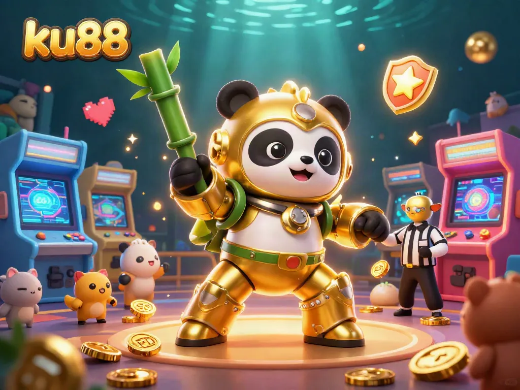 Engage with ku88's dynamic gaming experience featuring a mech-suit panda piloting a fighting robot in a colorful arena.