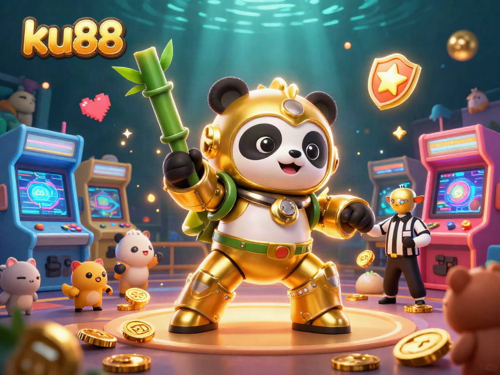 Engage with ku88's dynamic gaming experience featuring a mech-suit panda piloting a fighting robot in a colorful arena.