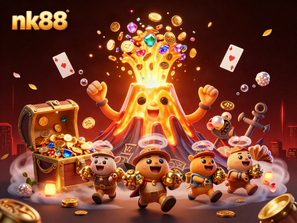 Win big at nk88 with this vibrant casino-themed treasure illustration showcasing golden coins and lively characters.