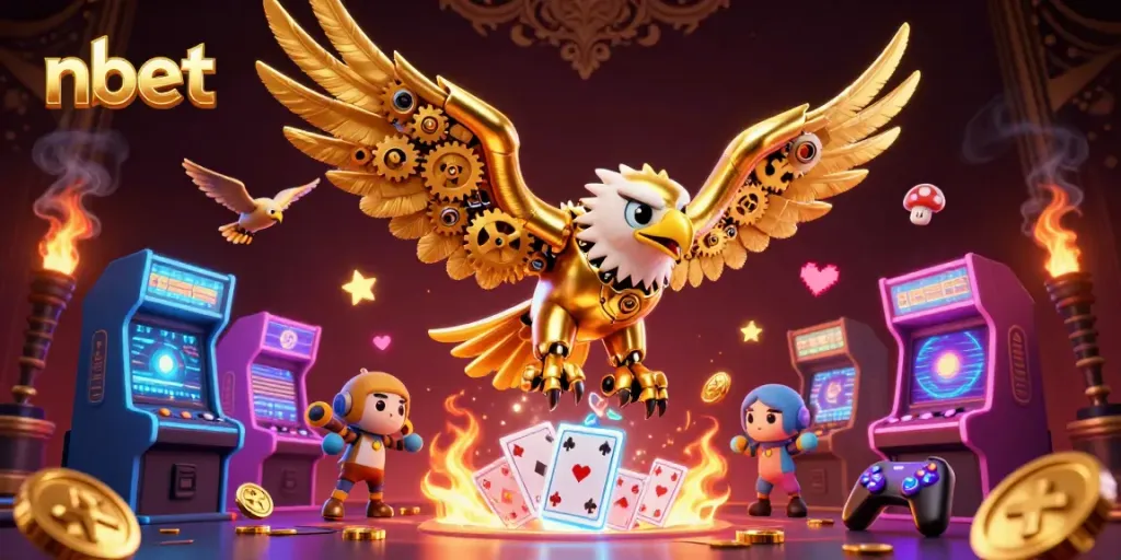 Experience thrilling gaming action with nbet's colorful 3D illustration showcasing diverse casino elements.