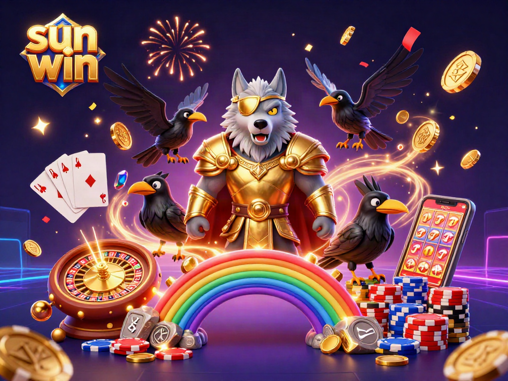 Sun win showcases vibrant, energetic casino elements with Odin and ravens amidst animated game action.