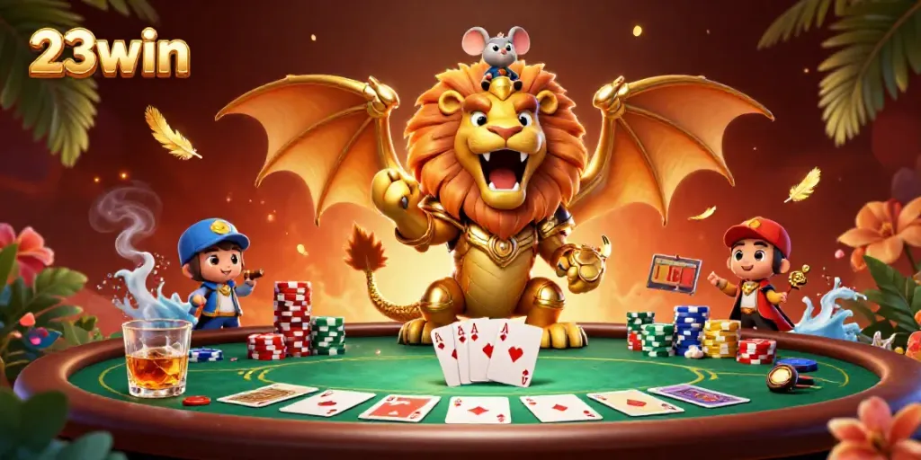 Engage in exciting casino action with 23win featuring a triumphant chimera and vibrant poker scene.