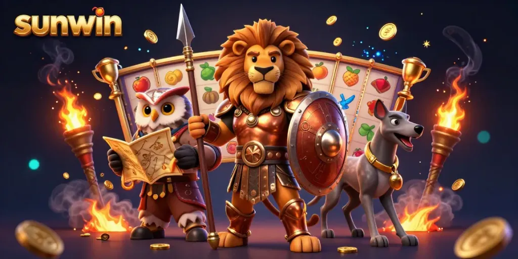 Join the sunwin game as a Spartan lion protects with strategy and precision in this vibrant casino scene.