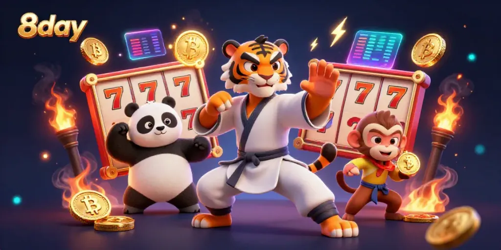 Experience 8day's vibrant online casino scene with a kung fu tiger master showcasing slot excitement.