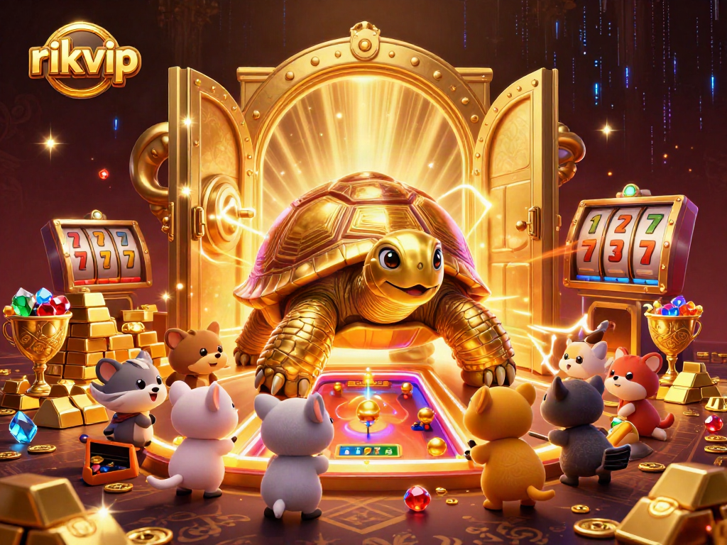 rikvip slot machine scene featuring golden tortoise and treasure, inviting players to win