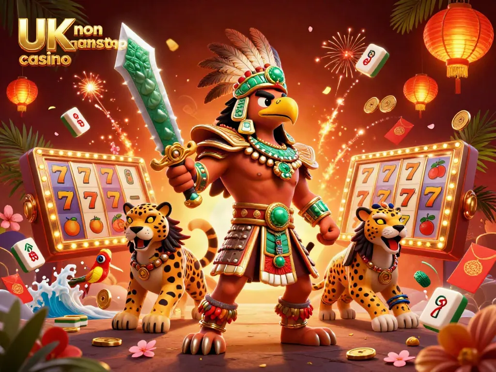 Experience the thrill at a UK non gamstop casino with a vibrant scene of a 3D Aztec warrior amidst casino elements.