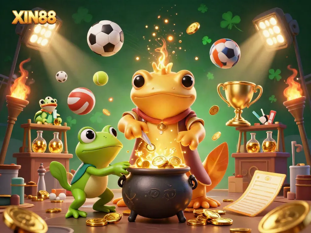 Experience XIN88 with a vibrant illustration of casino themes, alchemy, and sports betting.