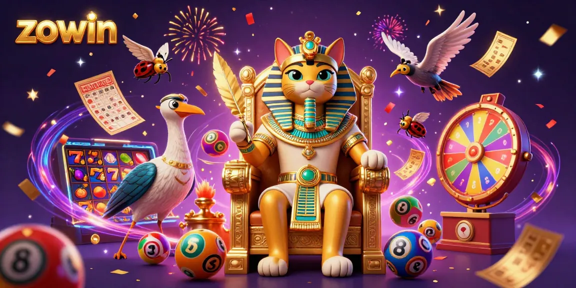 Zowin's dynamic casino scene featuring a pharaoh cat surrounded by vibrant gaming elements.