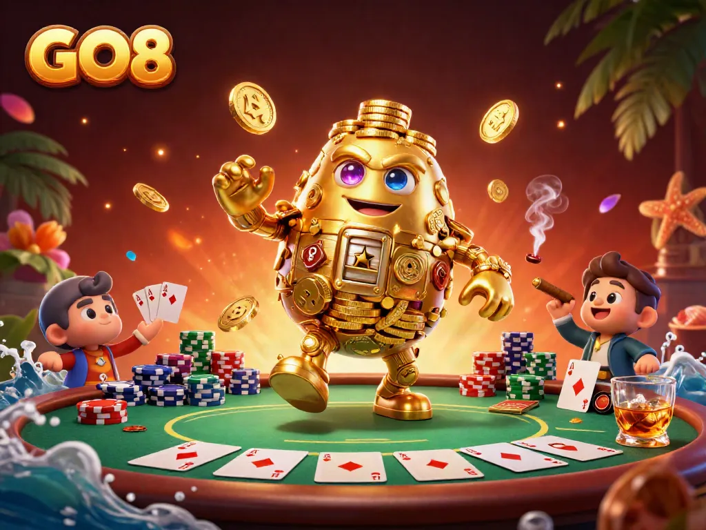 Engage with the GO8 casino experience featuring a golden golem, poker elements, and rich colors.