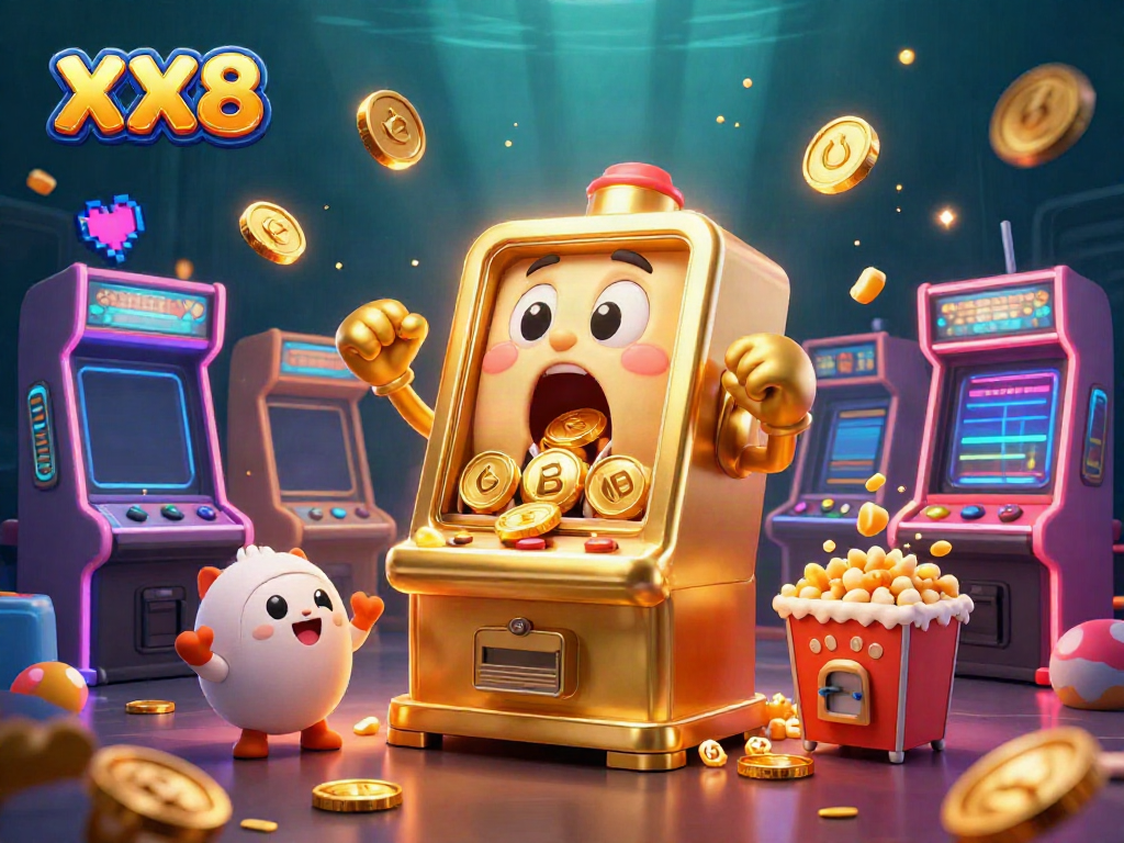 Engaging scene of the XX8 golden slot machine hitting a jackpot with coins pouring, amidst cheering baby slots and vibrant arcade elements.