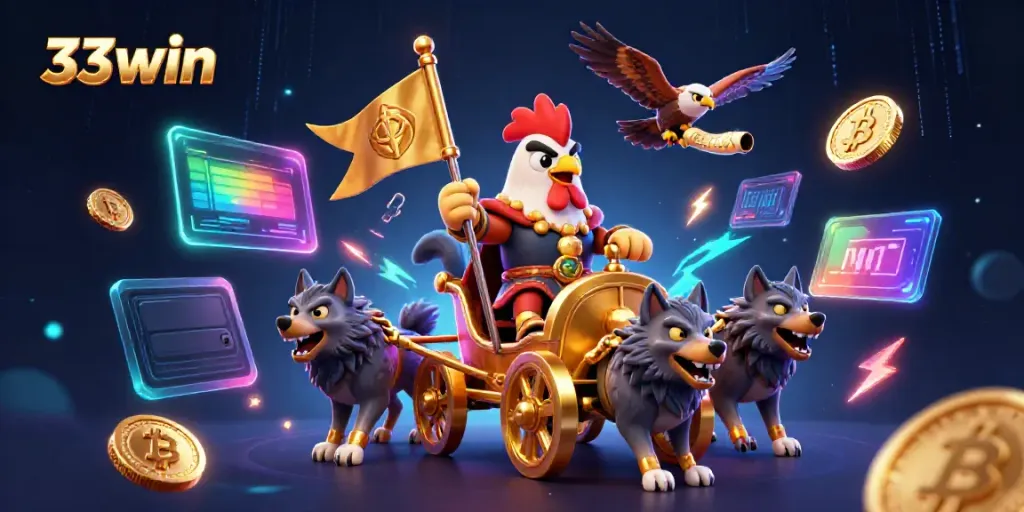 Experience the thrill of 33win with a dynamic scene showcasing cartoon characters and crypto elements.