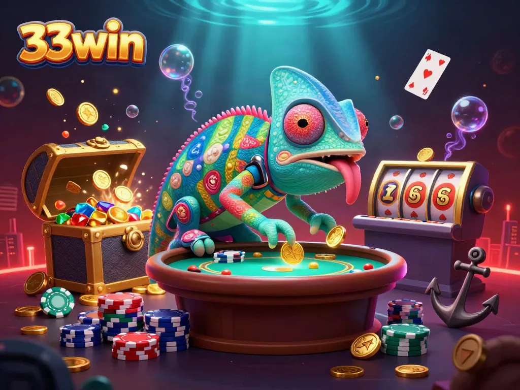 Engage with 33win’s exciting gaming environment, featuring a vibrant chameleon casino owner surrounded by animated treasures.