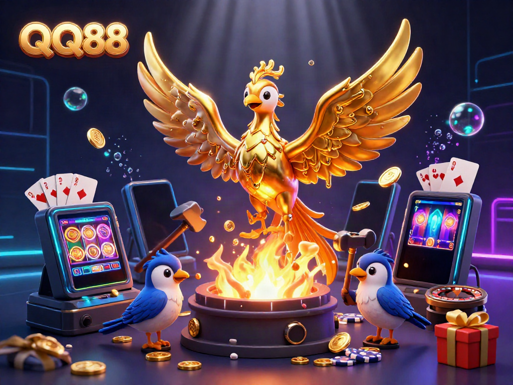 Experience the thrilling world of QQ88 casino with golden phoenix and dynamic gaming elements.