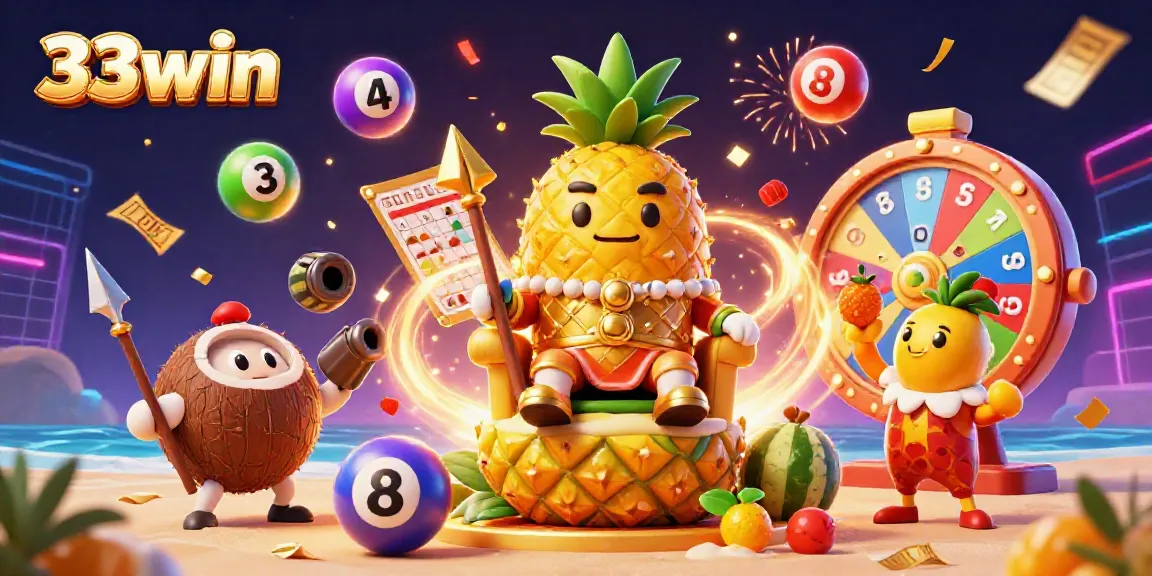 Experience the vibrant 33win casino with golden pineapple king and festive elements.