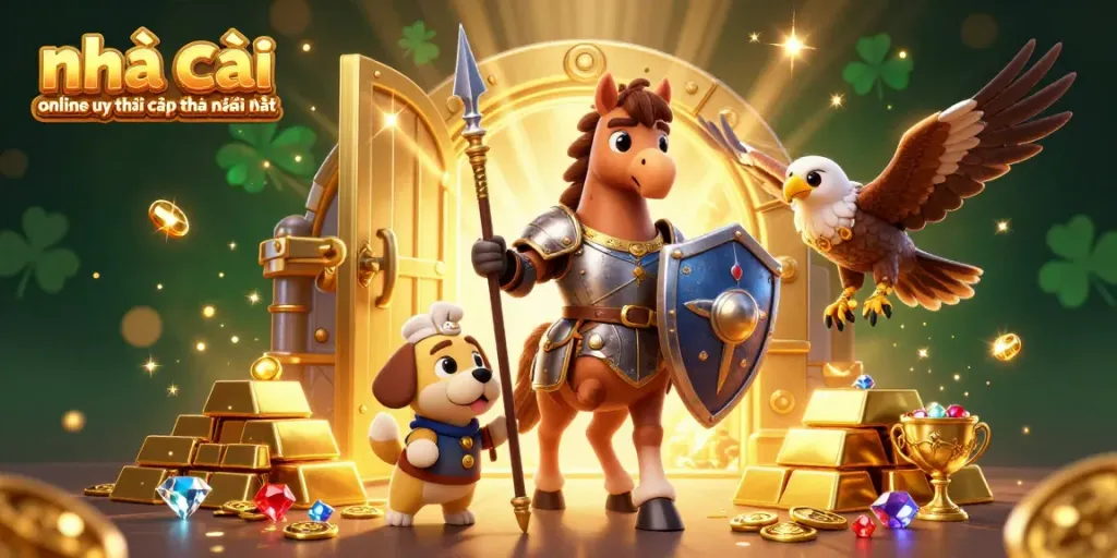 Engage with nhà cái online uy tín cập nhật mới nhất in this vibrant 3D illustration showcasing knights and treasure.