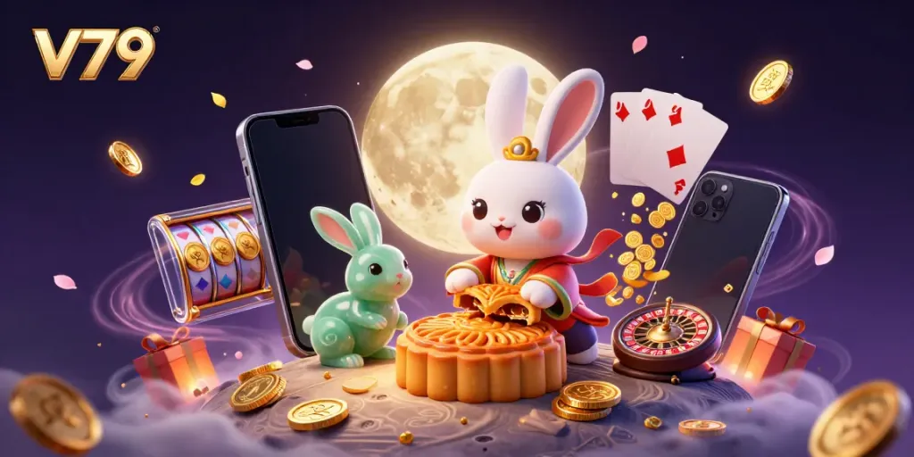 Experience the excitement of v79 with a whimsical illustration of a moon rabbit revealing poker chips from mooncakes.