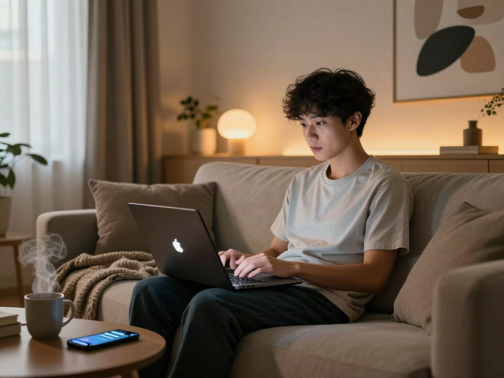 Engaging in nsfw AI chat on a cozy sofa with ambient lighting, laptop and smartphone in view.