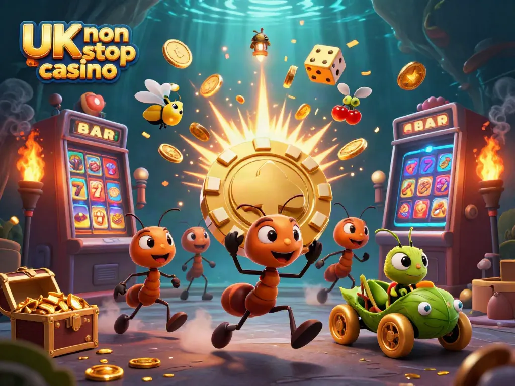 Ants carrying a giant poker chip in a vibrant scene representing UK non gamstop casino action.