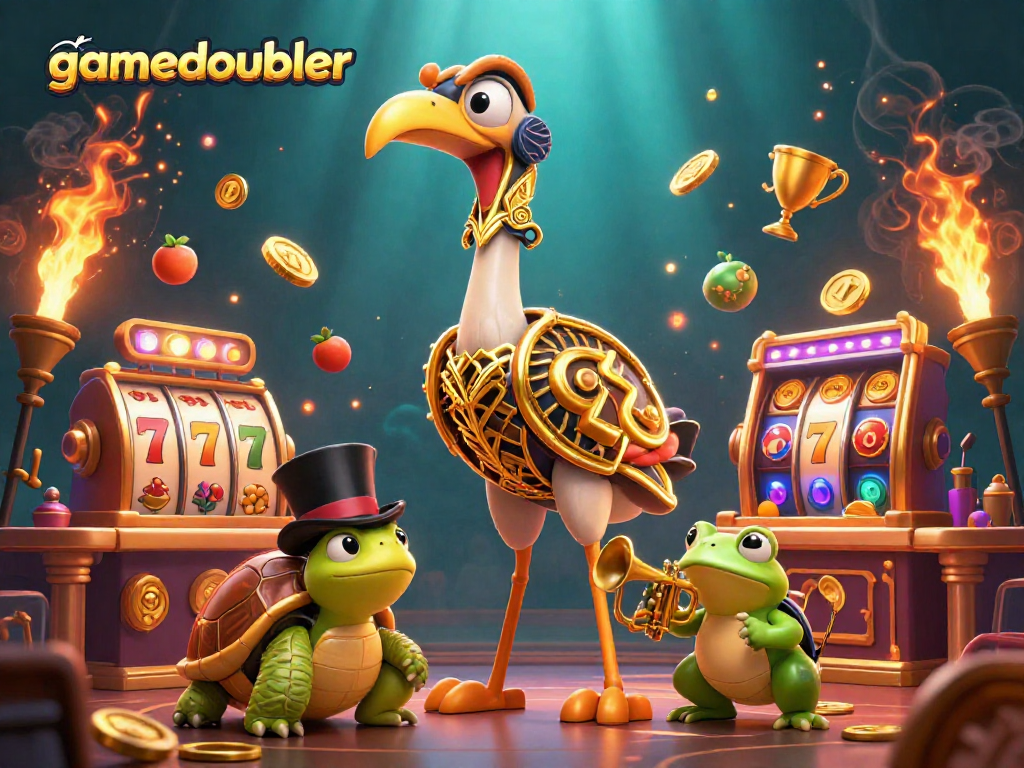 Experience the excitement of gamedoubler with slot reels, rewards, and vibrant characters in an engaging scene.