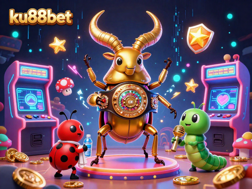 Engage with ku88bet's vibrant casino-themed 3D illustration featuring dynamic characters and gaming elements.