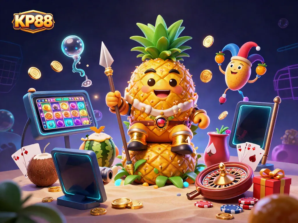 Experience the gaming excitement at KP88 with a golden pineapple king and colorful slot games.
