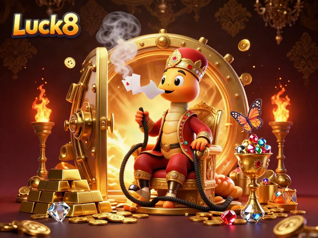 Experience casino magic with Luck8's vibrant character scene showcasing treasures and gaming elements.