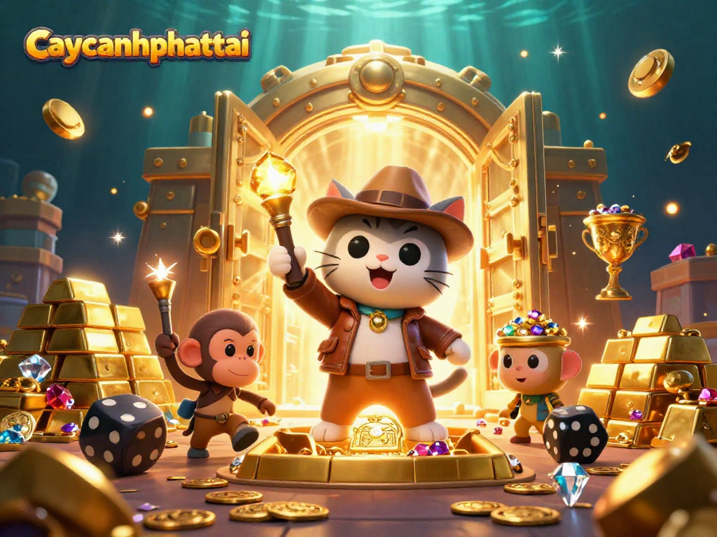 Engage with caycanhphattai as the cat explorer finds a golden casino artifact amidst vibrant treasures in a magical temple.