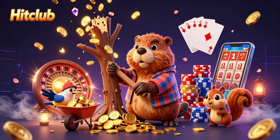 Hitclub features a vibrant 3D illustration of a beaver creating golden coins with interactive gaming elements.