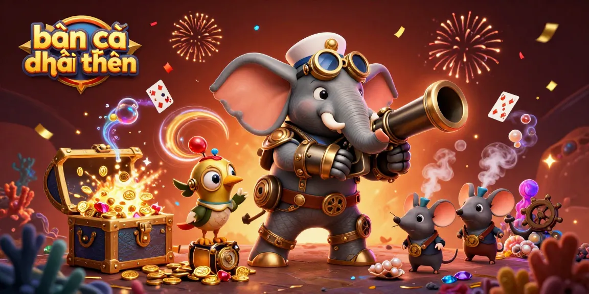 Bắn cá đổi thưởng action with a steampunk elephant engineer and underwater treasures in a colorful scene.