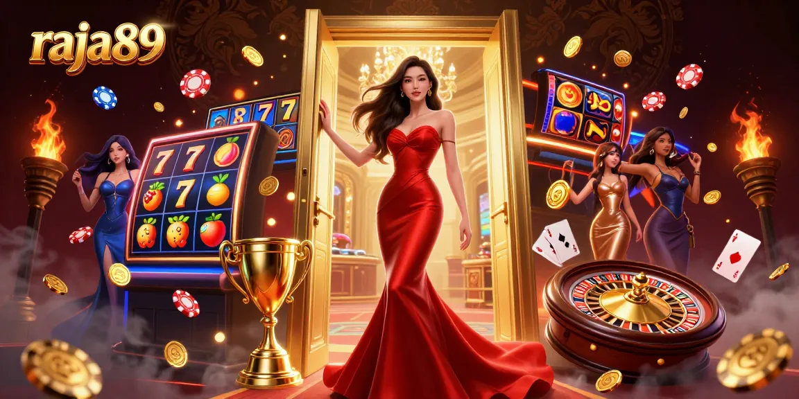 Engage in thrilling gaming with Raja89, featuring immersive casino elements and vibrant colors.