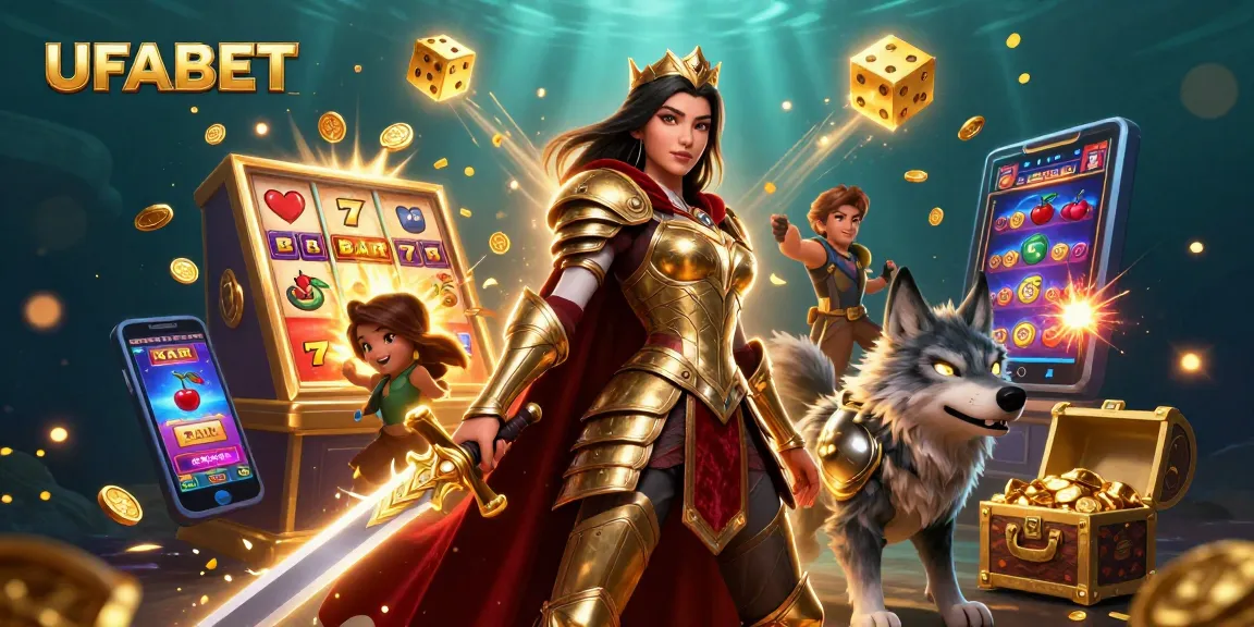 Engage with UFABET's thrilling online casino experience featuring vibrant slot games and a captivating warrior queen.