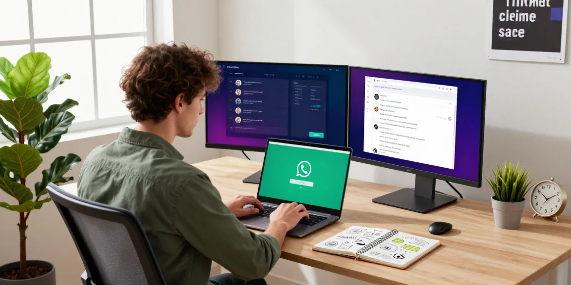 Focused individual at a modern tech workspace using WhatsApp下載 on a sleek laptop with vibrant chat interface.