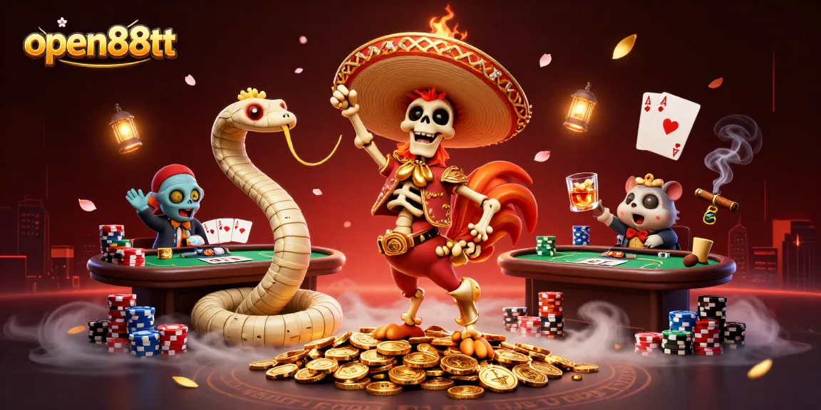 Experience the excitement of open88tt with a dynamic 3D casino scene featuring a dancing mariachi rooster and vibrant gaming elements.