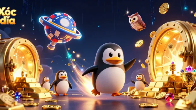 Xóc đĩa online action with a golden penguin and treasure elements for engaging gameplay