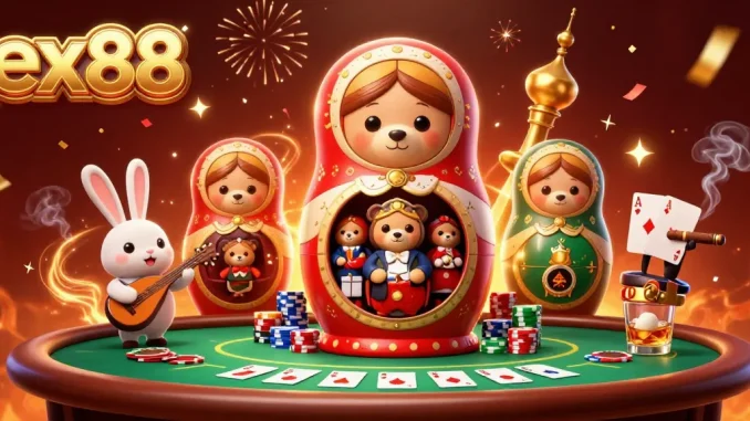 Celebrate gaming action at ex88 with vibrant 3D casino elements and cartoon characters.