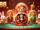 Celebrate gaming action at ex88 with vibrant 3D casino elements and cartoon characters.