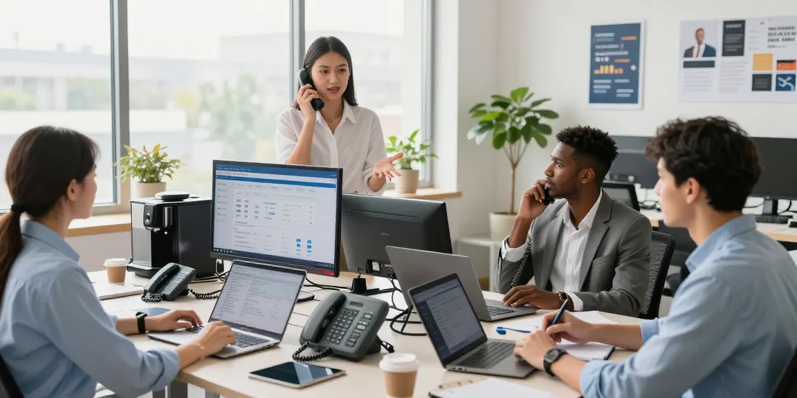 Team discussing office phone systems in a modern workspace with digital displays.