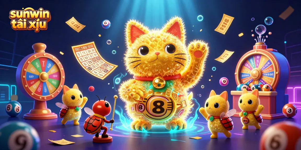 Engage with the dynamic sunwin tài xỉu scene of colorful lottery elements and a waving lucky cat.