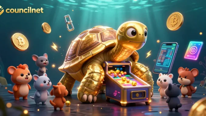 Engage with councilnet's thrilling environment featuring a golden tortoise pinball machine and crypto rewards.