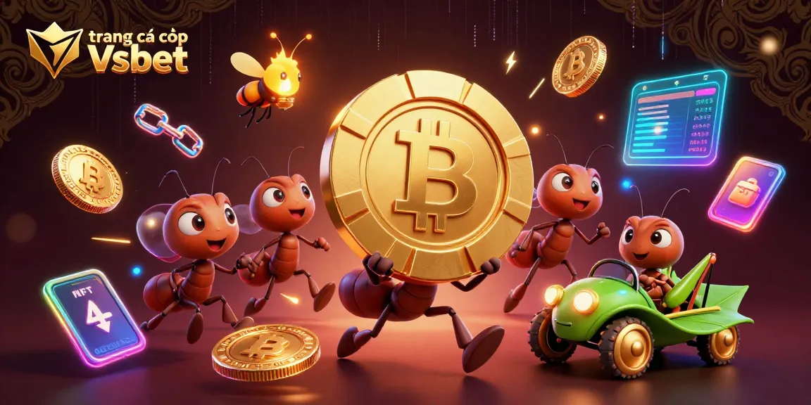 Active ants in a thrilling heist carrying a huge poker chip at trang cá cược Vsbet, illuminated by a firefly