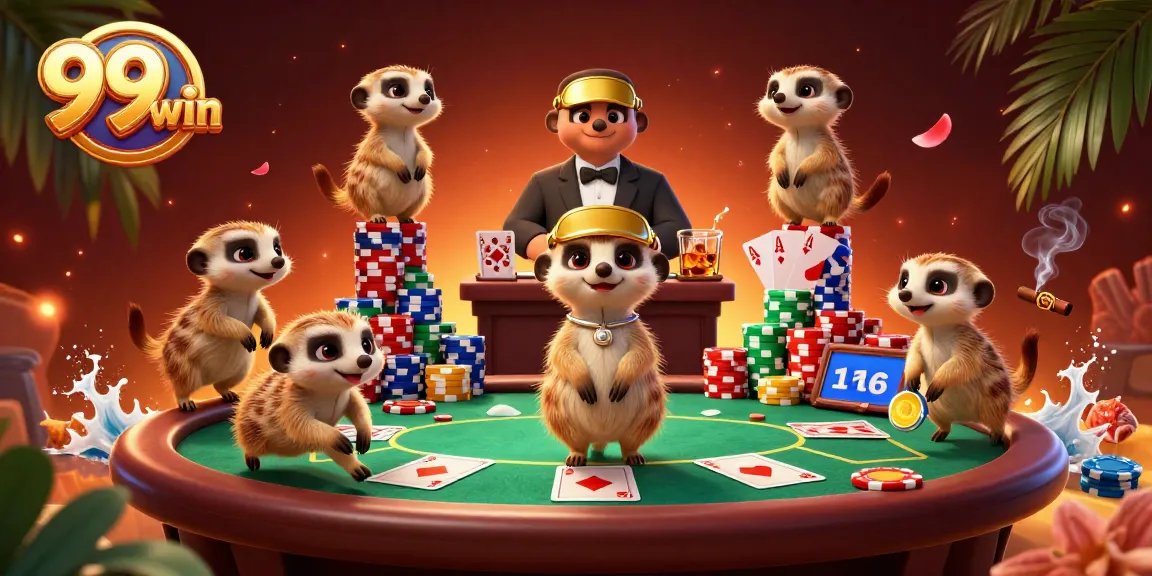 Experience excitement at 99win's dynamic casino scene with meerkats, betting chips, and gaming elements.