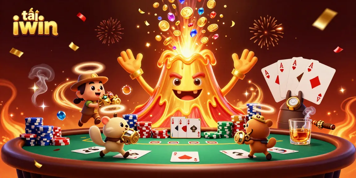 Engage with excitement by tải iwin as a golden volcano erupts gems and coins in a vibrant casino scene.