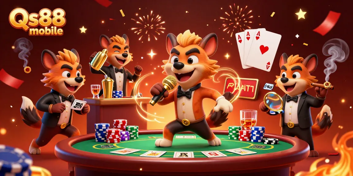 Experience the vibrant Qs88 mobile casino with hyenas engaging in comedy, drinks, and fun.