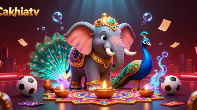 Cakhiatv captivates viewers with a dynamic sports betting scene featuring a cartoon elephant and peacock amidst vibrant elements.