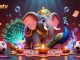 Cakhiatv captivates viewers with a dynamic sports betting scene featuring a cartoon elephant and peacock amidst vibrant elements.