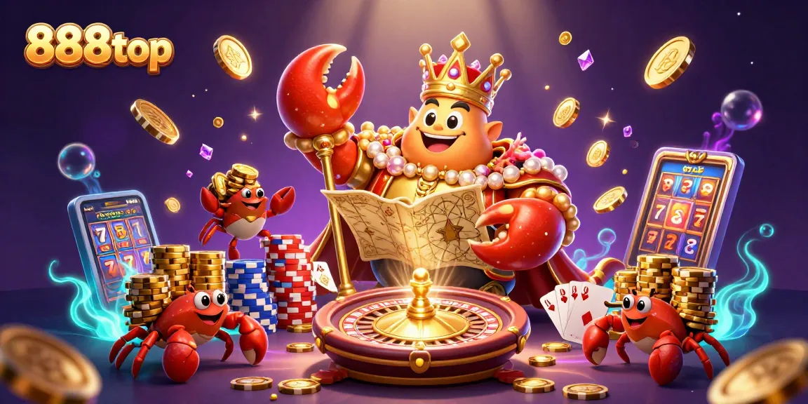 Engage with sparkling excitement at 888top with a golden crab emperor and vibrant casino elements.