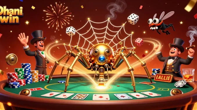 Dhani win showcases an intriguing steampunk spider and an amused fly gentleman amidst vibrant casino elements.