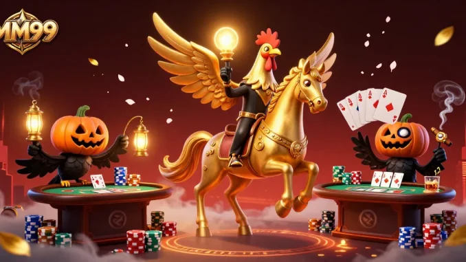 Experience thrilling wins at MM99 with a golden rooster riding through a vibrant casino scene.